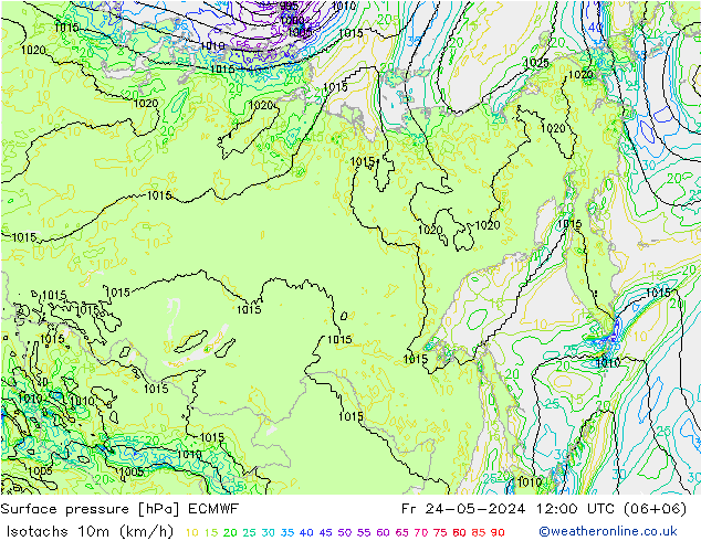 Isotachs (kph) ECMWF Fr 24.05.2024 12 UTC