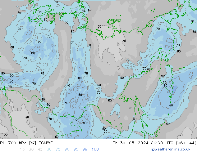 RH 700 hPa ECMWF Qui 30.05.2024 06 UTC