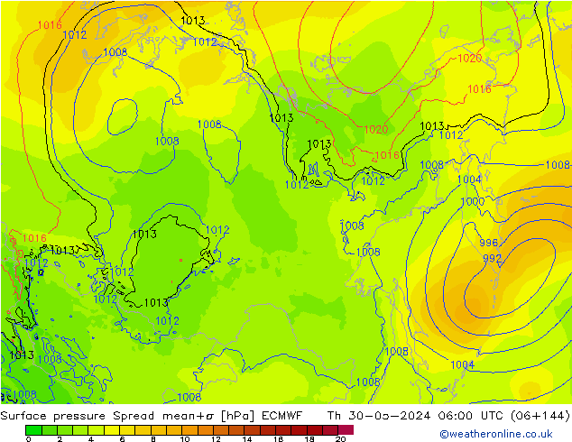 Pressione al suolo Spread ECMWF gio 30.05.2024 06 UTC