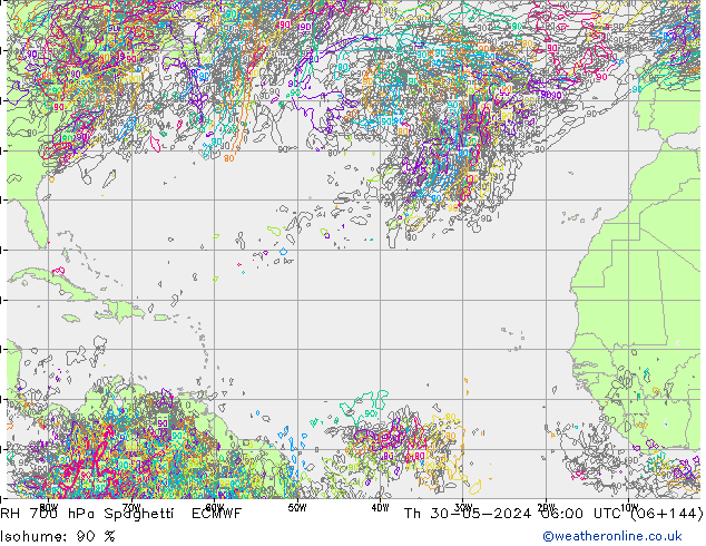 RH 700 hPa Spaghetti ECMWF czw. 30.05.2024 06 UTC