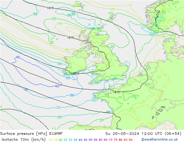 Isotachs (kph) ECMWF Su 26.05.2024 12 UTC