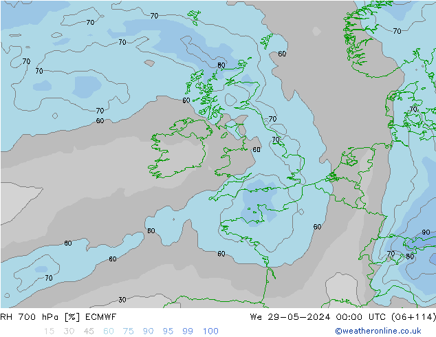 RH 700 hPa ECMWF śro. 29.05.2024 00 UTC