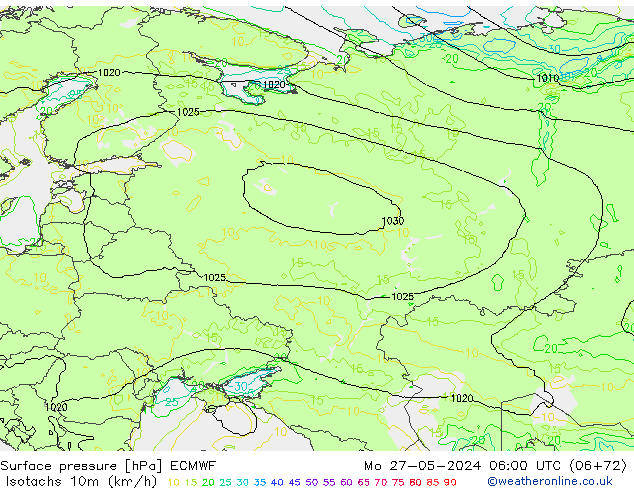 Isotachs (kph) ECMWF Mo 27.05.2024 06 UTC