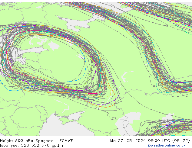 Height 500 hPa Spaghetti ECMWF Mo 27.05.2024 06 UTC
