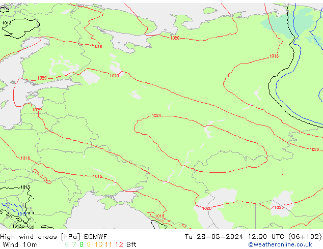 High wind areas ECMWF Út 28.05.2024 12 UTC