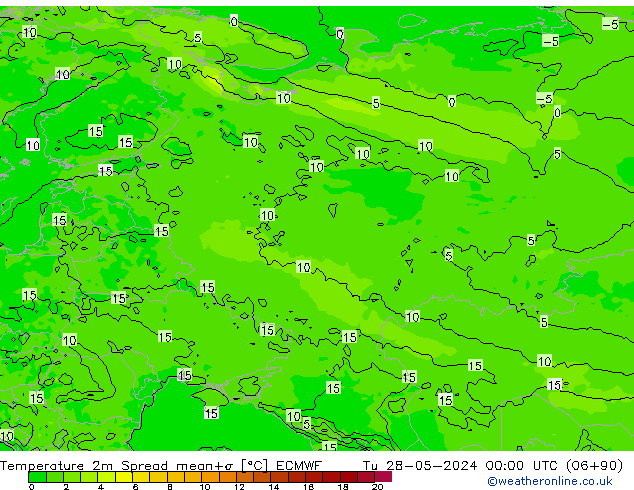 Temperature 2m Spread ECMWF Tu 28.05.2024 00 UTC