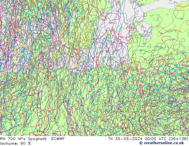 Humidité rel. 700 hPa Spaghetti ECMWF jeu 30.05.2024 00 UTC