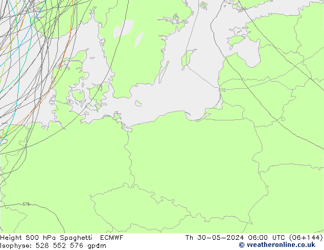 Height 500 hPa Spaghetti ECMWF gio 30.05.2024 06 UTC