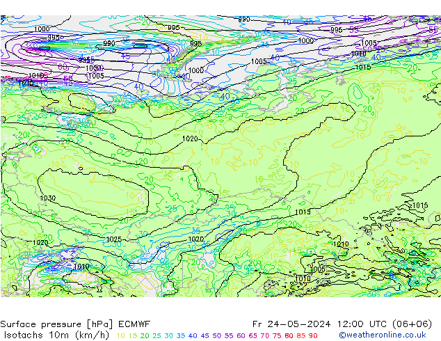 Isotachs (kph) ECMWF Fr 24.05.2024 12 UTC