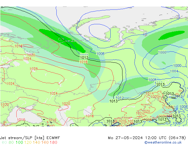 Jet stream/SLP ECMWF Mo 27.05.2024 12 UTC