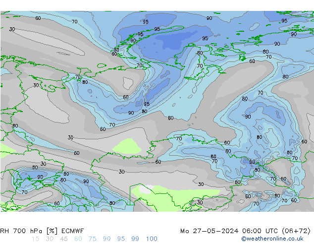 RH 700 гПа ECMWF пн 27.05.2024 06 UTC