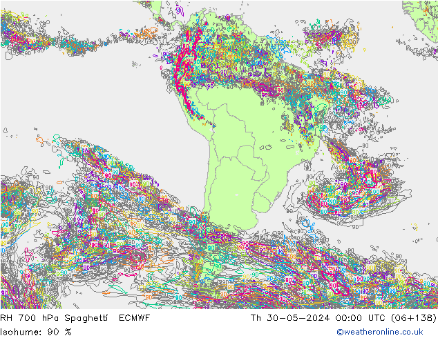 RH 700 гПа Spaghetti ECMWF чт 30.05.2024 00 UTC