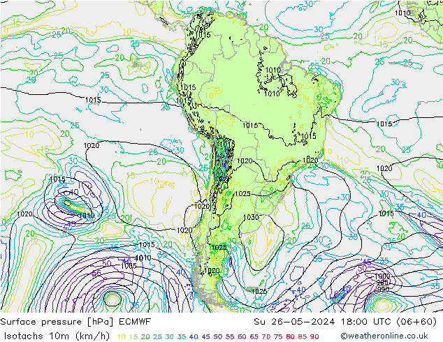 Isotachs (kph) ECMWF Su 26.05.2024 18 UTC