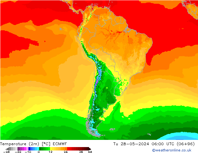 Temperature (2m) ECMWF Tu 28.05.2024 06 UTC