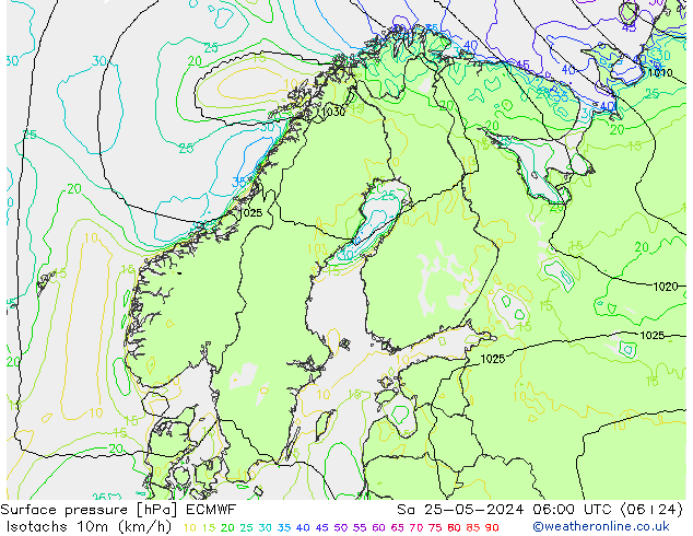 Isotachen (km/h) ECMWF Sa 25.05.2024 06 UTC