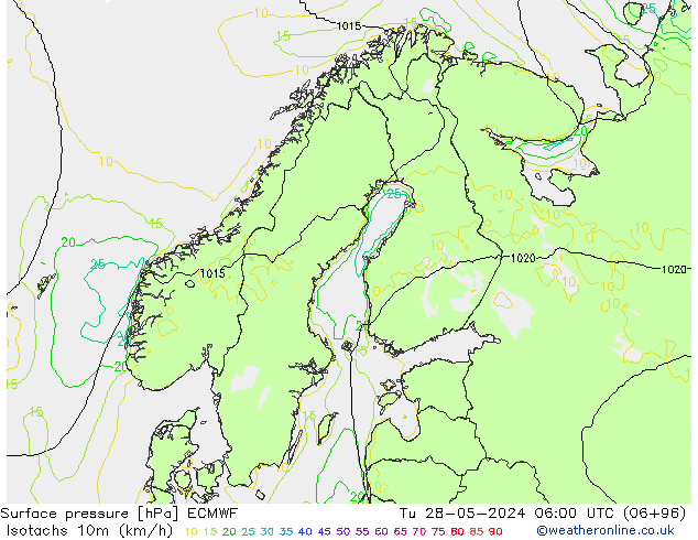 Isotachs (kph) ECMWF  28.05.2024 06 UTC