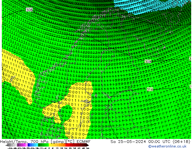 Height/Temp. 700 hPa ECMWF sab 25.05.2024 00 UTC