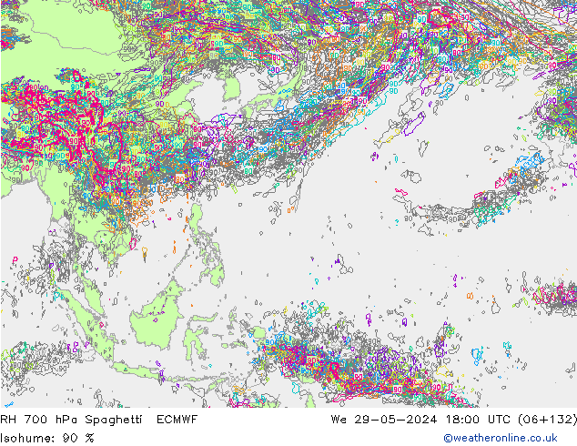 RH 700 гПа Spaghetti ECMWF ср 29.05.2024 18 UTC