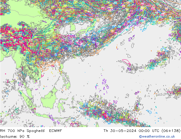 RH 700 hPa Spaghetti ECMWF Th 30.05.2024 00 UTC