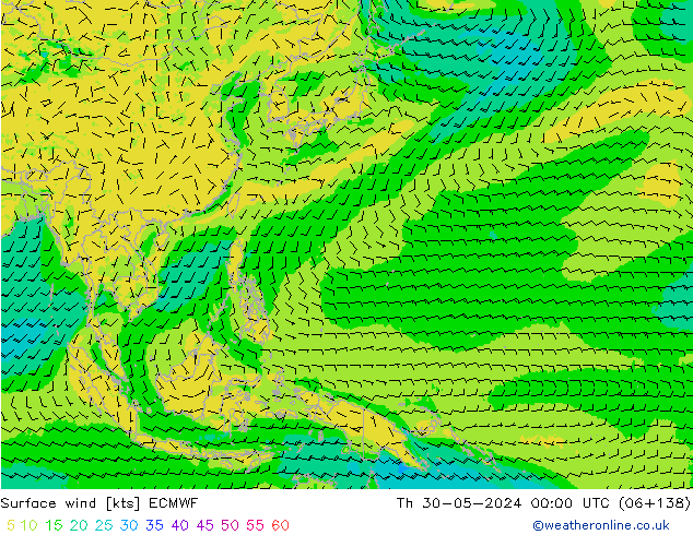 Vento 10 m ECMWF Qui 30.05.2024 00 UTC