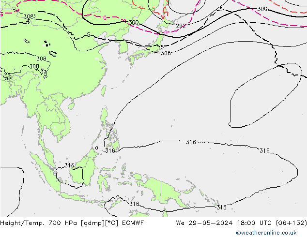 Height/Temp. 700 hPa ECMWF St 29.05.2024 18 UTC