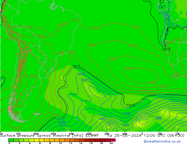 Pressione al suolo Spread ECMWF sab 25.05.2024 12 UTC