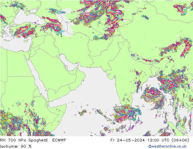 RH 700 hPa Spaghetti ECMWF Sex 24.05.2024 12 UTC