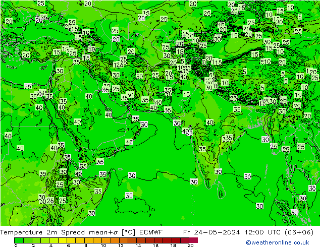 Temperatuurkaart Spread ECMWF vr 24.05.2024 12 UTC