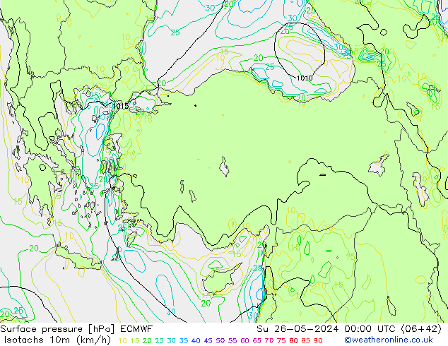 Isotachen (km/h) ECMWF zo 26.05.2024 00 UTC