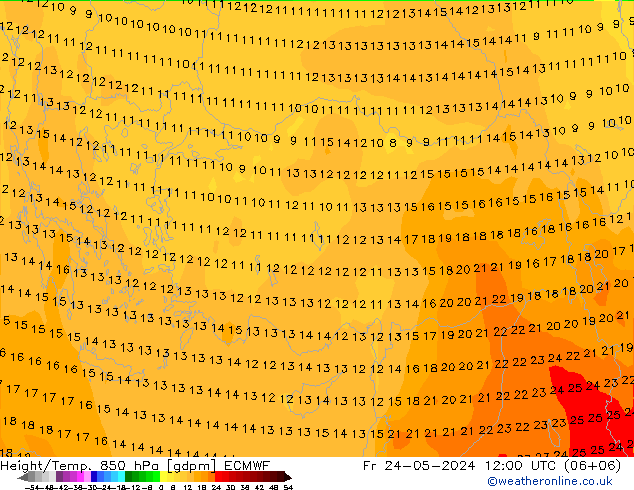 Geop./Temp. 850 hPa ECMWF vie 24.05.2024 12 UTC