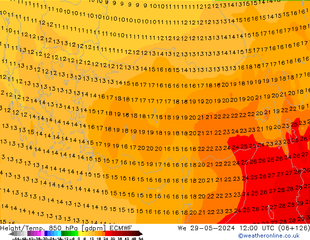 Height/Temp. 850 hPa ECMWF We 29.05.2024 12 UTC