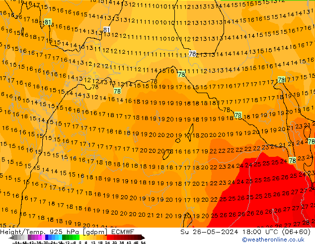 Height/Temp. 925 hPa ECMWF Su 26.05.2024 18 UTC