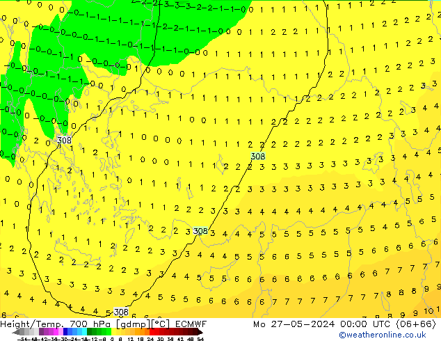 Height/Temp. 700 hPa ECMWF Seg 27.05.2024 00 UTC