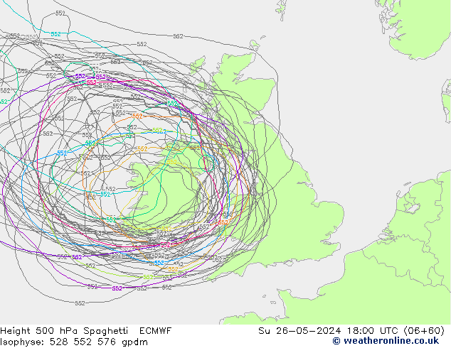 Height 500 hPa Spaghetti ECMWF dom 26.05.2024 18 UTC