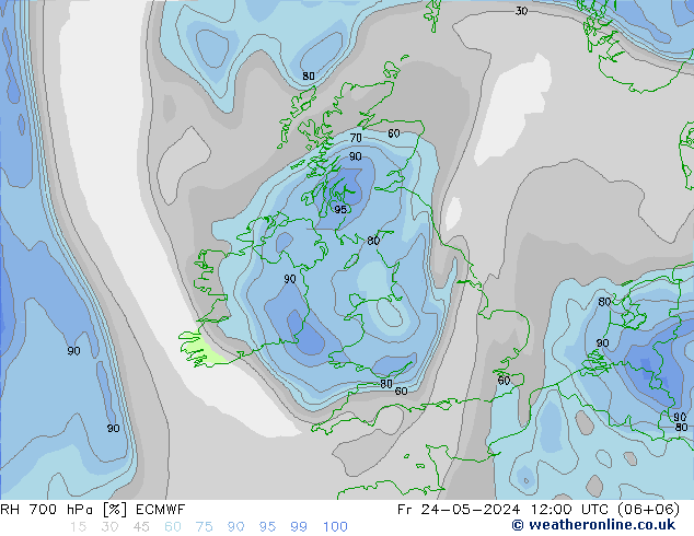 RH 700 hPa ECMWF Pá 24.05.2024 12 UTC