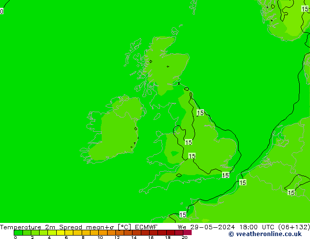 Temperatura 2m Spread ECMWF mer 29.05.2024 18 UTC