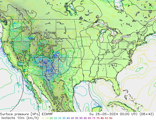 Eşrüzgar Hızları (km/sa) ECMWF Paz 26.05.2024 00 UTC