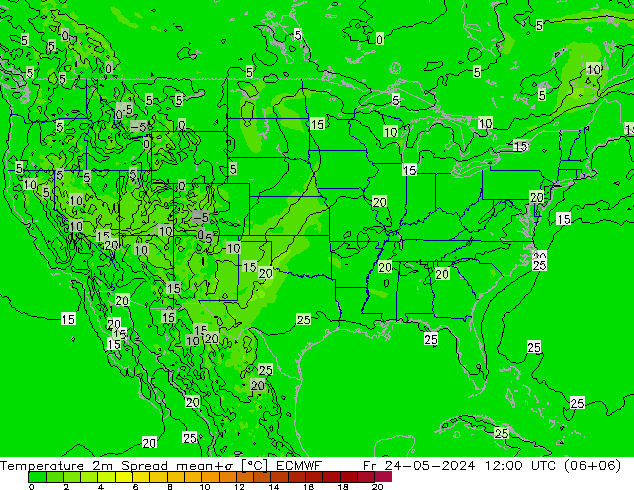 Temperature 2m Spread ECMWF Fr 24.05.2024 12 UTC