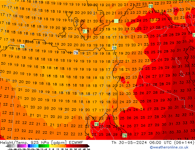 Height/Temp. 925 hPa ECMWF Čt 30.05.2024 06 UTC