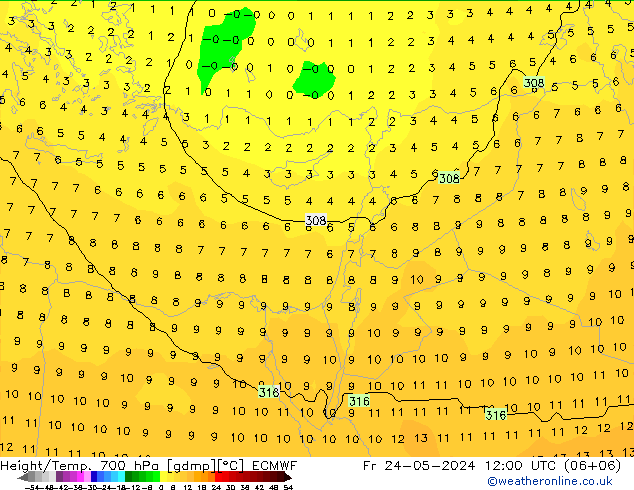 Height/Temp. 700 hPa ECMWF pt. 24.05.2024 12 UTC