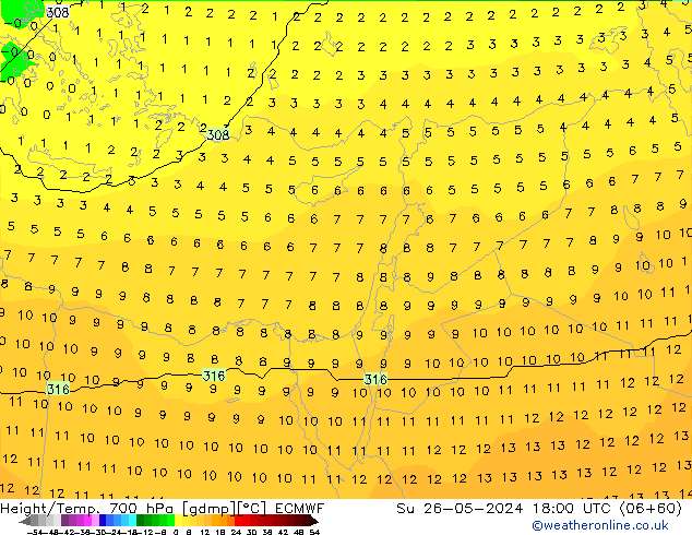 Hoogte/Temp. 700 hPa ECMWF zo 26.05.2024 18 UTC