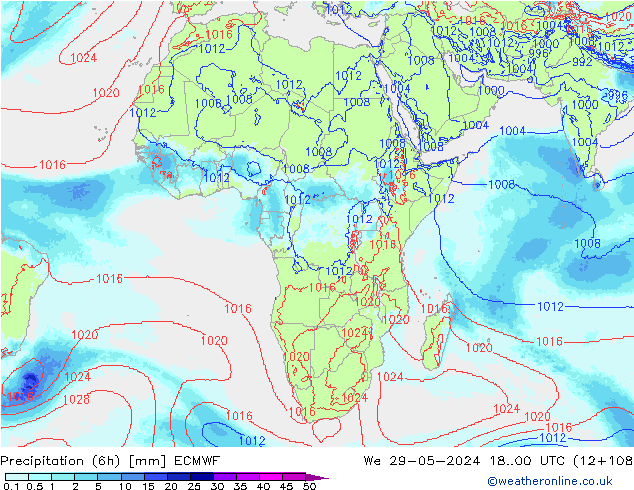 Totale neerslag (6h) ECMWF wo 29.05.2024 00 UTC