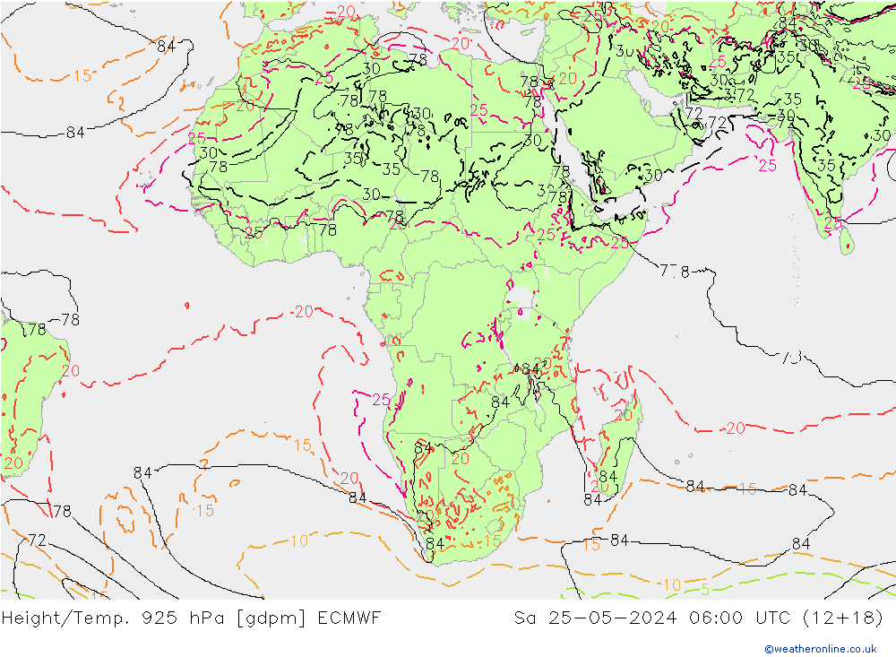 Height/Temp. 925 hPa ECMWF Sa 25.05.2024 06 UTC