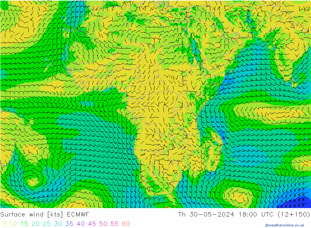 Vento 10 m ECMWF gio 30.05.2024 18 UTC