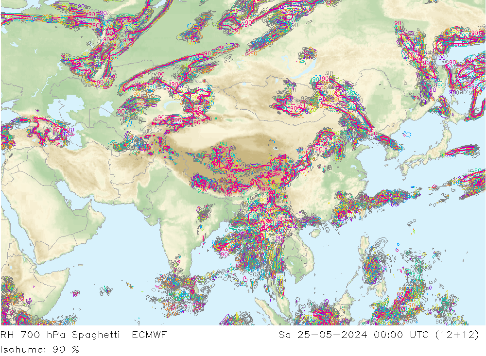 RH 700 hPa Spaghetti ECMWF So 25.05.2024 00 UTC