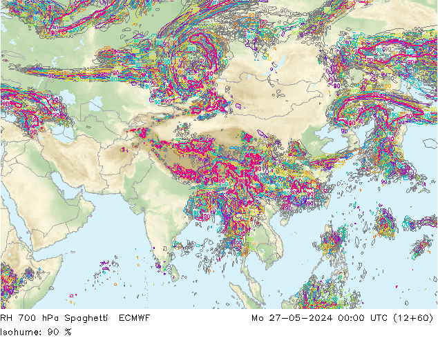 RH 700 hPa Spaghetti ECMWF Mo 27.05.2024 00 UTC