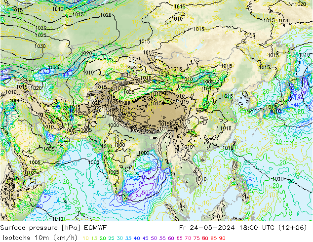 Isotachs (kph) ECMWF Sex 24.05.2024 18 UTC