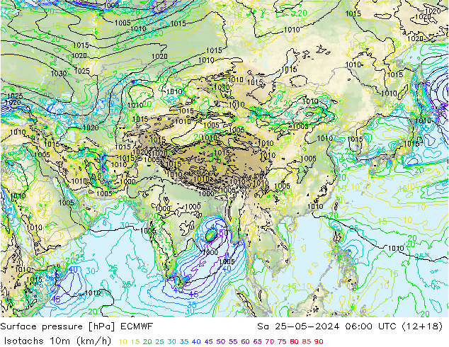 Isotachs (kph) ECMWF Sa 25.05.2024 06 UTC