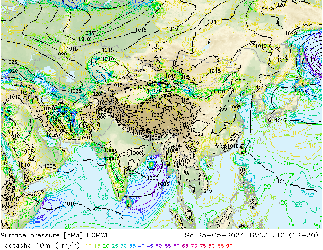 Isotachs (kph) ECMWF sam 25.05.2024 18 UTC