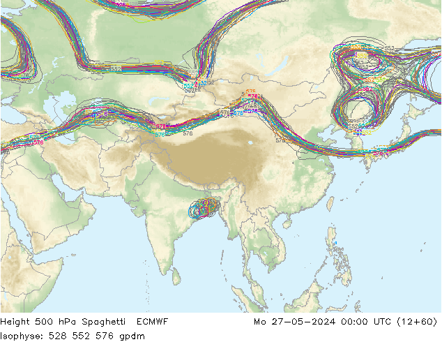 Height 500 hPa Spaghetti ECMWF Mo 27.05.2024 00 UTC